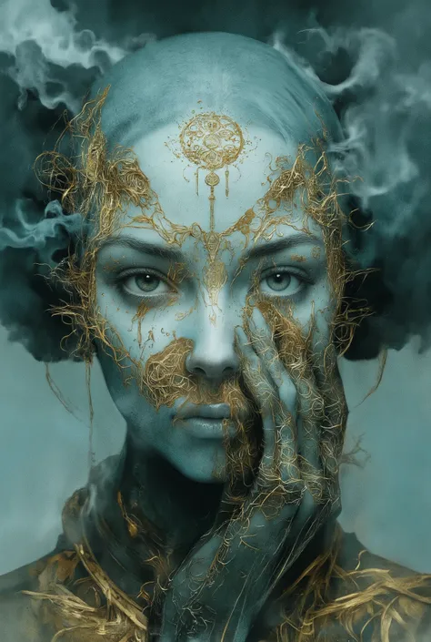 Ethereal minimalist alien cybergoth fashion pictorial photography, HEIC format, fog background in the style of teal and gold ,  uso di spatole , ritratto a vita, intricato, sharp _fuoco,  dungeons _arte ,  zentangle, high details, high definition .