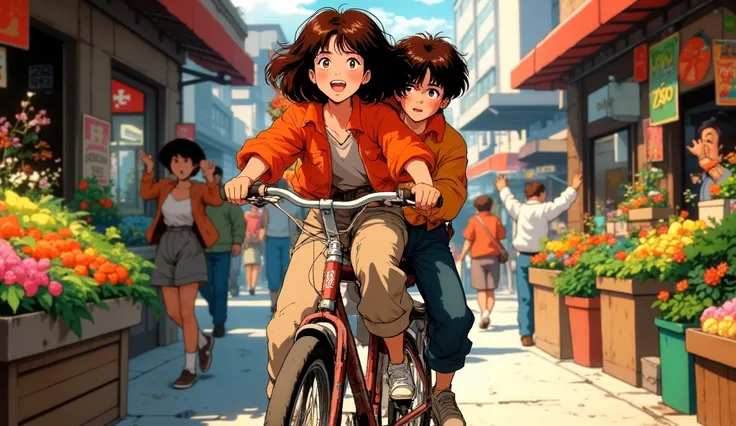 a brown-haired girl pedaling a bicycle with a black-haired boy peaked on the rump behind her, In the background a busy street with lots of fruit stands and people waving at them