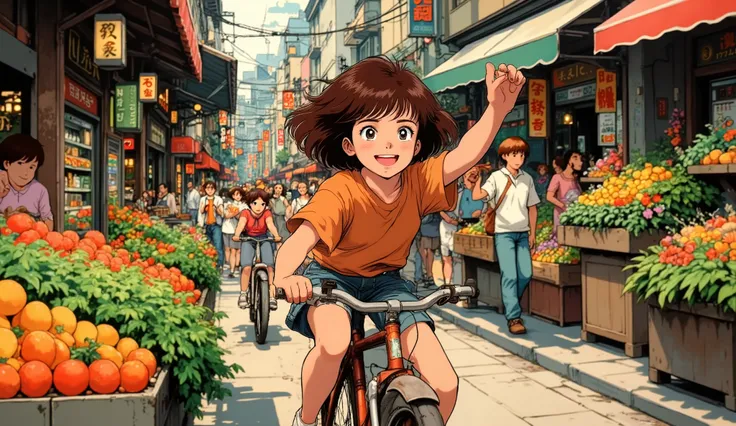a brown-haired girl pedaling a bicycle with a black-haired boy peaked on the rump behind her, In the background a busy street with lots of fruit stands and people waving at them