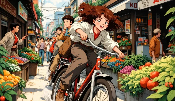 a brown-haired girl pedaling a bicycle with a black-haired boy peaked on the rump behind her, In the background a busy street with lots of fruit stands and people waving at them
