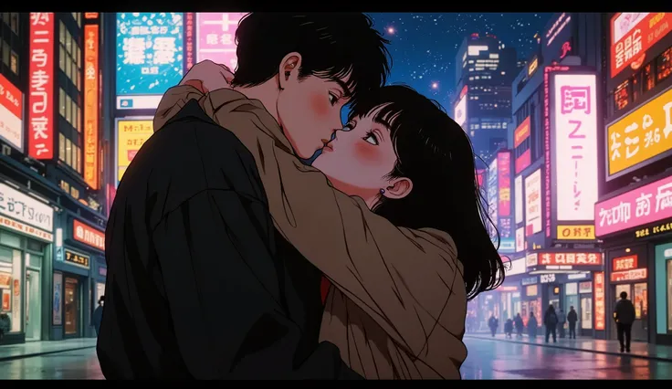 a brown-haired girl kissing a black-haired boy peeled on the back behind her, In the background a movie theater with a holographic poster