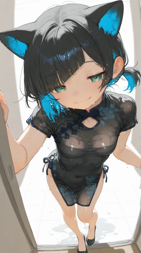 (Cat ear girl)Body that fits inside the screen(High resolution masterpiece, Super High resolution, high detailed, High resolution model, Best Quality:1.2)Japanese black hair,Young girl,Complex, 1 girl,Faint smile, Great quality,Japanese black hair,Young gi...