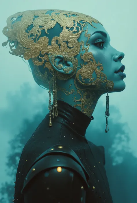 Ethereal minimalist alien cybergoth fashion pictorial photography, HEIC format, fog background in the style of teal and gold ,  uso di spatole , ritratto a vita, intricato, sharp _fuoco,  dungeons _arte ,  zentangle, high details, high definition .