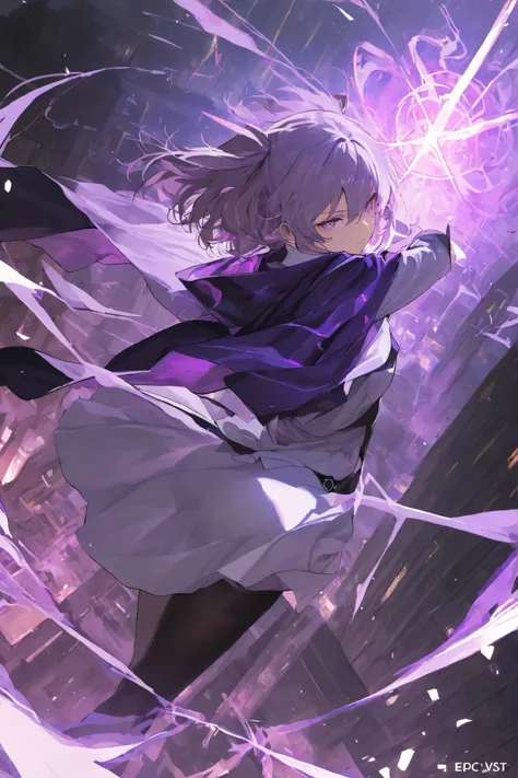 masterpiece, best quality,1 girl ,best quality,heroic pose,dynamic angle,dynamic background,with epic light effect, high angle shot,like CCTV footage,purple magic