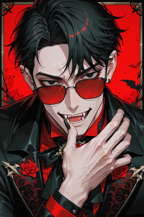 1boy, adult male,  digital portrait of a fashionable anime male vampire with black hair, fangs, and goth clothing; his black eyes are hidden behind red sunglasses, his nails are long and clear, his accessories are ornate and detailed, dramatic,  stylized w...