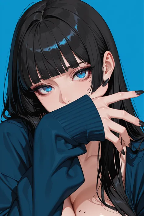 masterpiece, best quality, 1girl, solo, bangs, mole under eye, black nails, blunt bangs, mole, blue background, simple background, black hair, looking at viewer, eyelashes, fingernails, nail polish, covered mouth, portrait, long hair, long fingernails, lon...