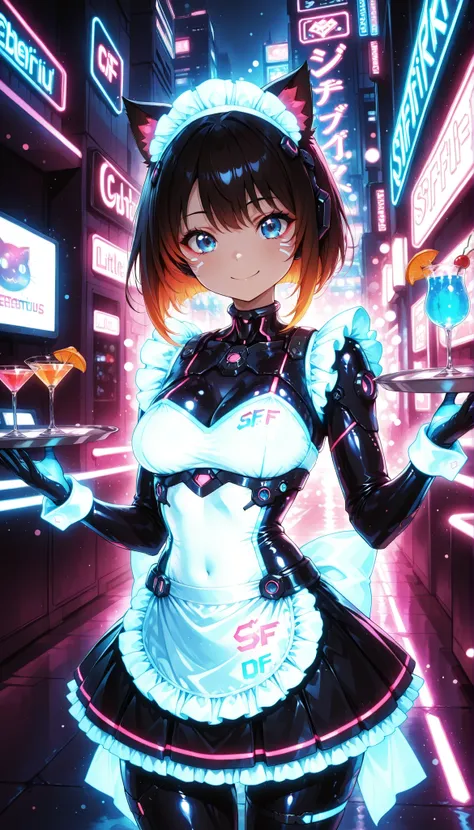 cybersuit, Neon Light Suit, Cat ears headgear, SF, cyberpunk, cyberpunkスタイルの女性の全身像, Cat ears headgear, cybersuit, Neon Light Maid Outfit,Smile Yan, Sci-fi background, nightclub a little deserted, Carry a tray,  cocktails, High Quality, 4K, 8K, super defini...