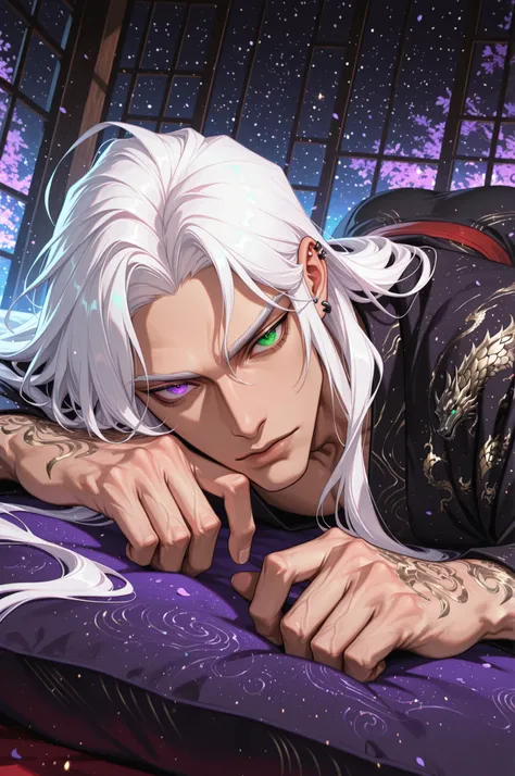 male, handsome, tall, finely detailed purple and green heterochromia eyes and detailed face, puffy lips,, ((very long white hair)), more details, humanoid dragon-god, looking at the viewer, light skin, lying down on bed, detailed textures, (((male focus)))...