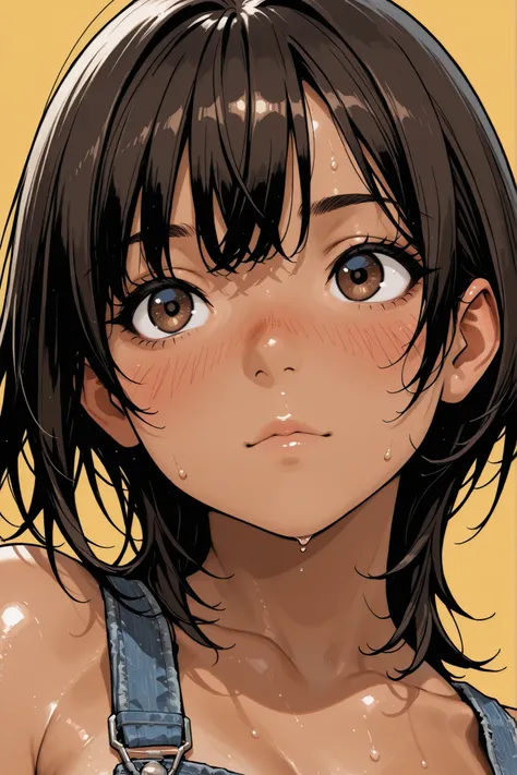 1girl,Super Detailed,absolute resolution,(dynamic angles),portrait,pinup,((close-up)),(Chest-up shot),(tanned skin:0.5),(tanlines:0.4),naked denim overall shorts,Bare Foot,detailed and beautiful face and eyes,dark brown big eyes,(Bulbous Nose:0.3),Japanese...