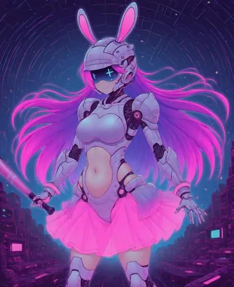1girl, cyber idol, energetic dreamlike masterpiece, neon pink cybercore, futuristic helmet with rabbit ears {x} futuristic helmet with rabbit ears {x} floating digital music notes, bright scene, pastel holographic dress, best quality, amazing quality,  bel...