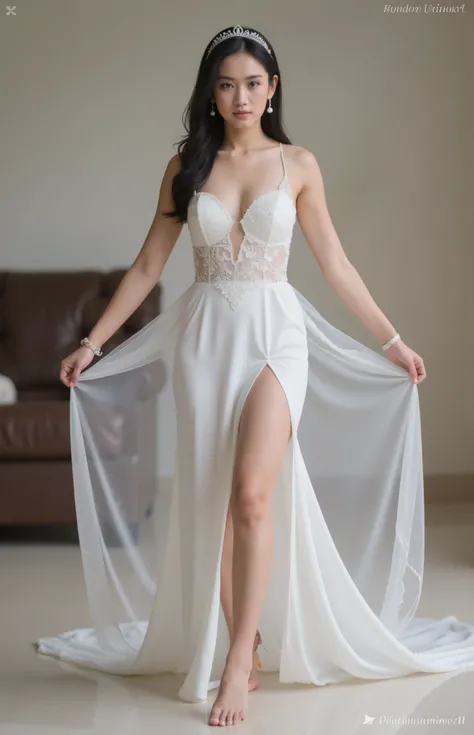  1 girl. deep v cut. open legs apart. fat thighs.  fat legs. transparent. barefoot. veil. wedding tiara. long earrings. bracelets, wedding decoration.  lace see through transparent wedding dress.  right side hair. wedding accessories. chin up. head up. sho...