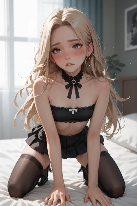 very very young slender petite little innocent blonde anime girl  with small size breasts dark black eye shadow and large hoop earrings wearing a neon SEE THROUGH pink tiny pleated cute micro skirt waist high very dark black pantyhose that go up to her wai...
