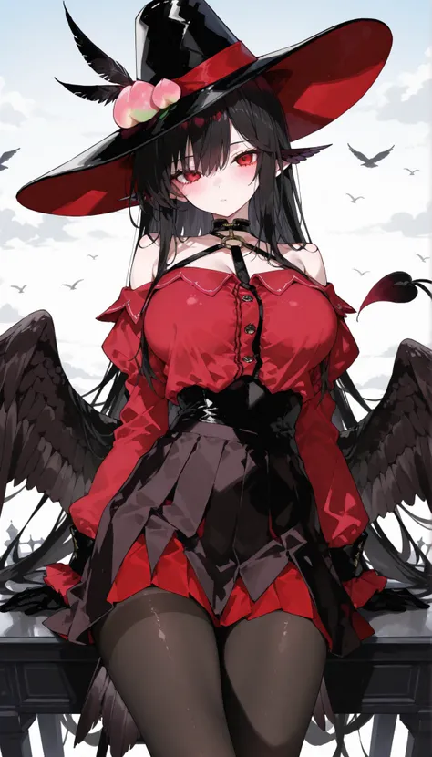 girl, Black hair,in red eyes,long hair,wearing band hat,Tights, black body suit black,girlมีปีกนกสีดำ,girlนกพิราบ,big breasts,slim,feather clip,Winged ears,sky background,Milf,good figure,Slim legs,Full Black Set,Short Pleated Skirt,Bird's tail,tall hat ,P...