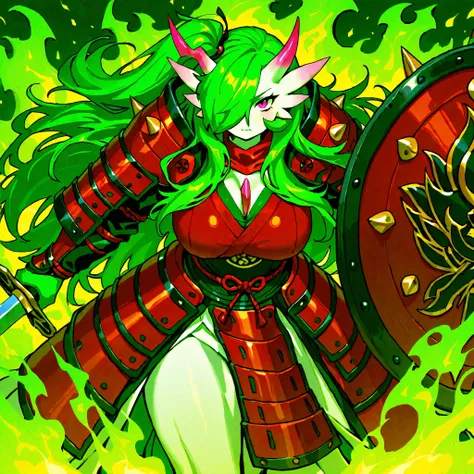 master masterpiece, 4k, score_9 , score_8_up , score_8 , score_7_up score_6_up score_5_up score_4_up, 1girl, solo, Gardevoir, long hair, green hair, oni horn, pink eyes, Green-White Skin, red chest spike, hair covering right side of face, green flames, arm...