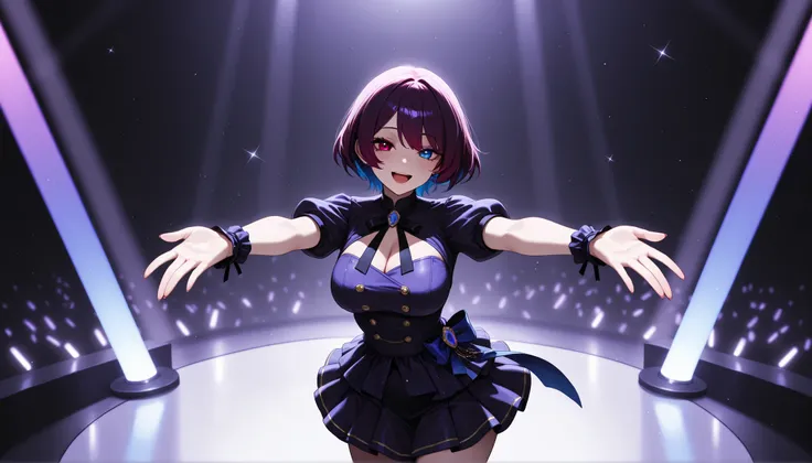 top quality, 8K, 4K, high resolution, high contrast with a silver gun,1girl, Japanese idols singing on stage, jewel, short skirt, Smiling adult woman , dark purple short hair, heterochromia iris(Red Eyes,blue eyes), eyes with highlights,(beautiful detailed...