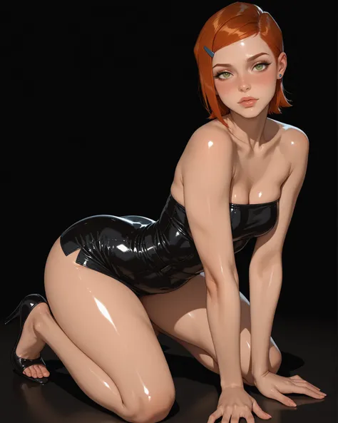 masterpiece, best quality, amazing quality, hyper-detailed,, Gwen Tennyson  , Ben 10 Alien Force character , short hair , hair clip , orange hair  ,  , plump lips, shiny body , shiny lips,  , slim , body , sexy figure , medium chest , , dark background , d...