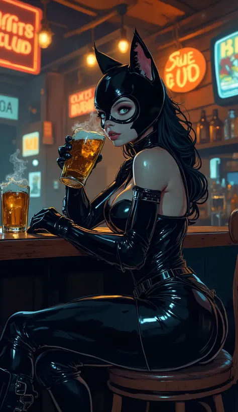 Catwoman at the bar of a bar drinking a beer chop, dynamic pose, counterposed angle of the camera