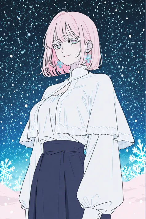 Anime style image of a tall woman with pale skin, silver colored eyes, medium light pink hair, distant smile, wearing a white blouse with a white lace capelet, a dark blue skirt, and snowflake earrings, snowing night background