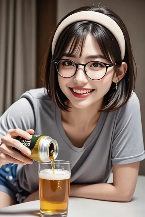 Roll on your back on the bed in your room , fluorescent light , ((without piercings pouring canned beer into a mug on the table 1.5)), ((thick big hair band and glasses 3.0)), happily pouring beer, 0.5, GREY T-SHIRT, grey sweatpants