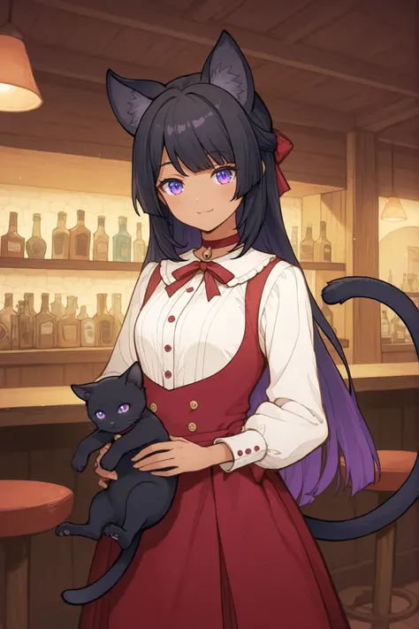 A cozy and stylish bar run by a Neko-girl. The main focus is a dark-skinned Neko-girl with long black hair and glowing purple eyes. She has black cat ears and a slender tail, wearing a trendy bartender outfit with subtle feline details — like paw-shaped bu...