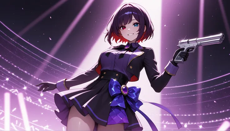 top quality, 8K, 4K, high resolution, high contrast with a silver gun,1girl, Japanese idol standing on an outdoor stage, I'm wearing a purple jewel, short skirt, The upper body is visible, Smiling adult woman , dark purple short hair, heterochromia iris(Re...