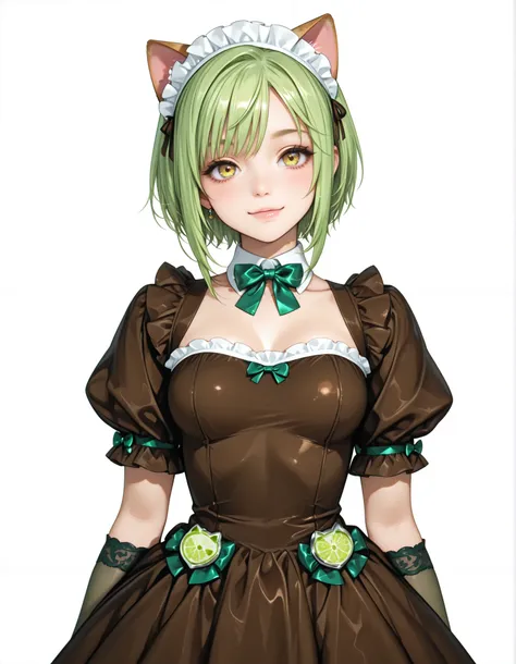 Cat Ear Maid,brown mini maid dress, Lime Green Hair, Lime green bow tie,LIME GREEN GLOVES,I'm looking here,tilt your neck slightly and smile