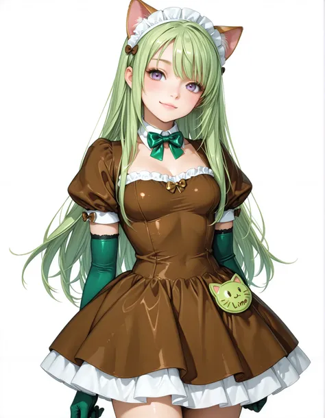 Cat Ear Maid,brown mini maid dress, Lime Green Hair, Lime green bow tie,LIME GREEN GLOVES,I'm looking here,tilt your neck slightly and smile