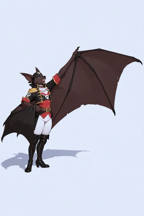 anthro bat, wearing a black and white pirate clothes, masterpiece, high quality, great Patagium arms wings, male, long snout, dark fur, blue eyes , drag makeup, drag queen, femboy, big ears, arm-wings,