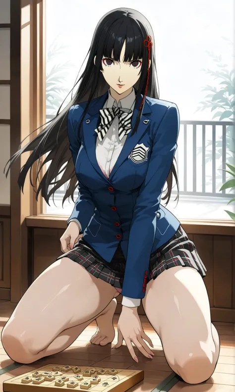 ((Playing shogi))、((shogi board:1.29)),ペルソナ,Completed_120%, completed_130%, completed_150%, Score_9_up, score_8_up, score_7_up,hifumi tougou, ((Bra)), ((Panty)), blown eyes, black hair, long hair, bangs,blunt bangs,Hair ornament on left bangs,((home)),Grav...
