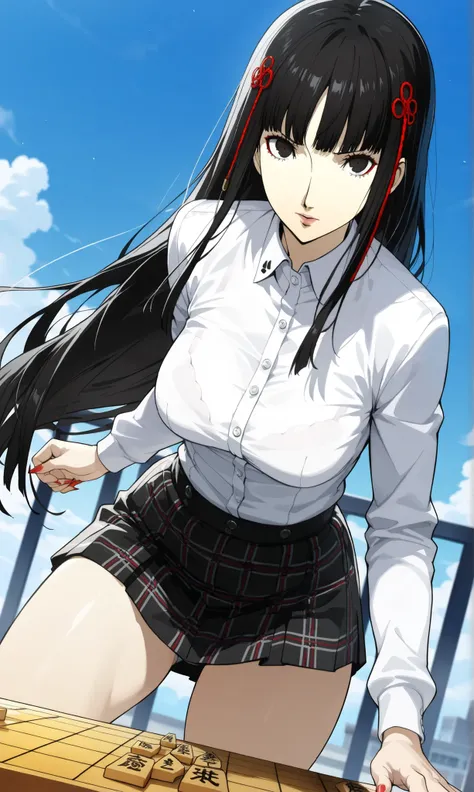((Playing shogi))、((shogi board:1.29)),ペルソナ,Completed_120%, completed_130%, completed_150%, Score_9_up, score_8_up, score_7_up,hifumi tougou, ((Bra)), ((Panty)), blown eyes, black hair, long hair, bangs,blunt bangs,Hair ornament on left bangs,((home)),Grav...