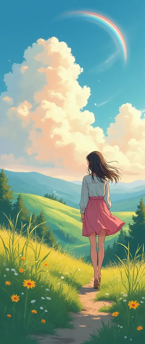 (Masterpiece:1.2, High-quality ,Mirror Finish , Movie experience , best illustrations :2.0, highly detailed ),8k, wallpaper,(My cat's trip),(woman:2.0),(womanと猫が旅をしている:2.0),(Beautiful Hills:2.0),(Beautiful sun and rainbow ),( laid-back),( calm)