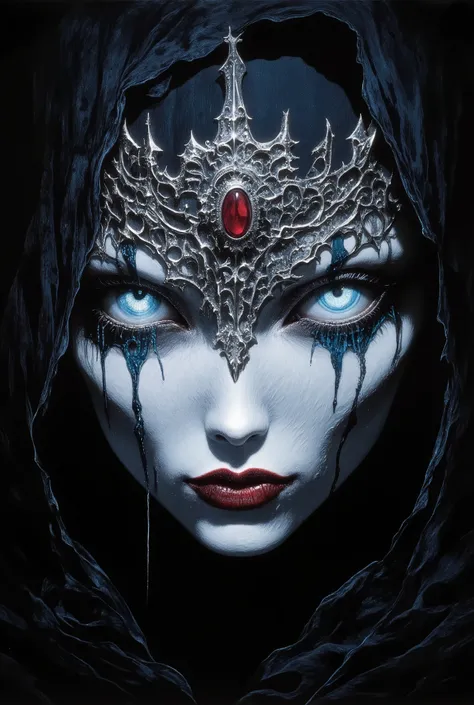 Close-up of a pale female face with smooth white skin. Her lips are dark red and shiny, slightly parted, revealing white teeth. Her eyes are pale blue, as if azure is flowing from them. Azure drips from the eyes in thick, shiny streams. She is wearing a si...