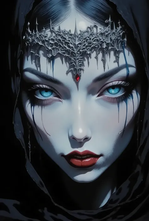 Close-up of a pale female face with smooth white skin. Her lips are dark red and shiny, slightly parted, revealing white teeth. Her eyes are pale blue, as if azure is flowing from them. Azure drips from the eyes in thick, shiny streams. She is wearing a si...