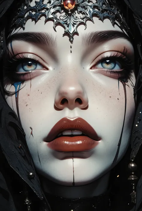 Close-up of a pale female face with smooth white skin. Her lips are dark red and shiny, slightly parted, revealing white teeth. Her eyes are pale blue, as if azure is flowing from them. Azure drips from the eyes in thick, shiny streams. She is wearing a si...