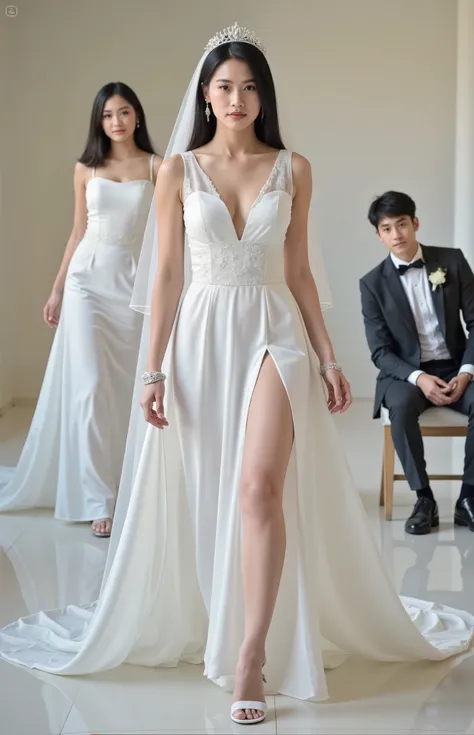  1 girl. deep v cut. open legs apart. fat thighs. short bob hair.  fat legs. transparent. barefoot. veil. wedding tiara. long earrings. bracelets, wedding decoration.  lace see through transparent wedding dress.  right side hair. wedding accessories. chin ...