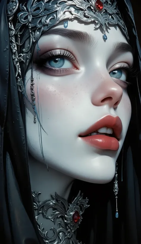 Close-up of a pale female face with smooth white skin. Her lips are dark red and shiny, slightly parted, revealing white teeth. Her eyes are pale blue, as if azure is flowing from them. Azure drips from the eyes in thick, shiny streams. She is wearing a si...