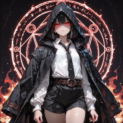 ((best quality)), ((masterpieces)), (detailed), perfect face, SOLO, ((((femboy)))), tomgirl, ANIME, beautiful detailed eyes, BOB hair, BOBed hair, BLACK hair, RED EYES, expressionless, hooded, Magical Eyes, dark background, ((BLACK HOODED coat draped over ...