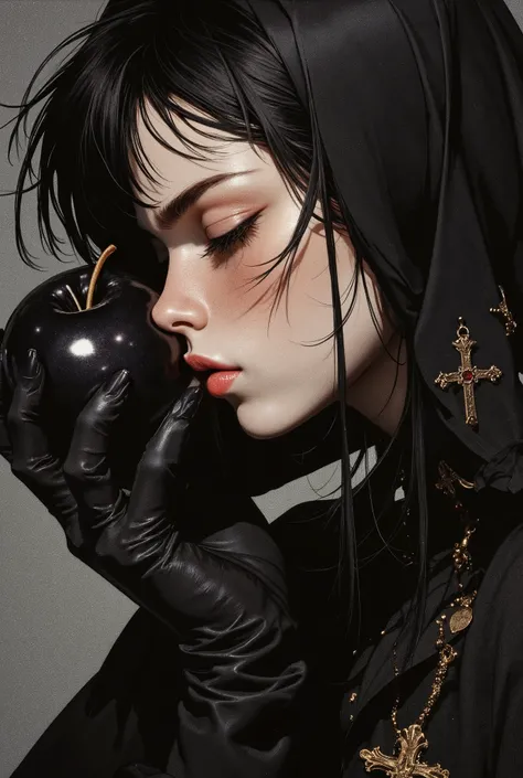 kissing black apple , side view , fashion photography portrait , 1 girl , solo , closed eyes , feminine , award winning photograph , photorealistic , beautiful black eyes , sexy , wearing nun costume , cross earning , Thick black lips , depression , black ...