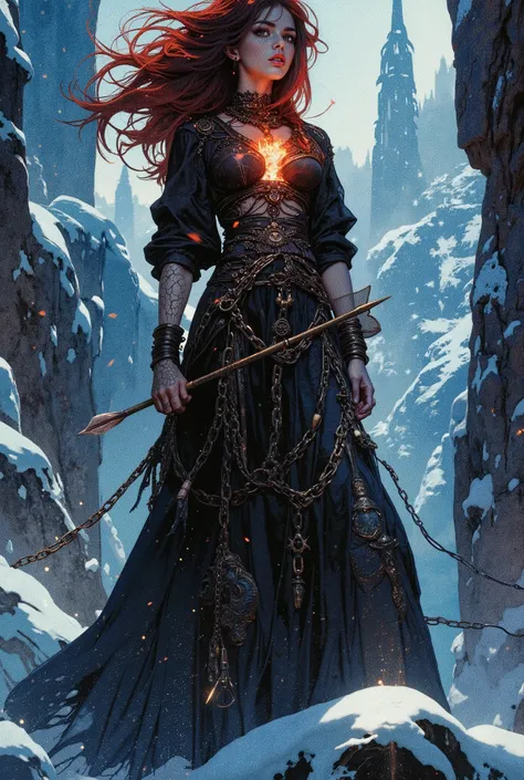 fictionalcasca, create an epic scene in the style of dark fantasy-Gothic surrealism: Young rebel Pandora, chained in crystal chains (crystal captivity), stands on the edge of an icy cliff (half a kingdom of ice). Flames pierce her chest (fire in my chest),...