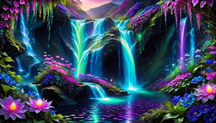 Shiny purple |Shiny pink|Shiny Turquoise Green|Shiny Cobalt Blue|Shiny Purple|blue waterfall amongst strange magic flowers, At night, glowing fairy lights , magic, High quality fairyland waterfall, Realistic Water, ripple, 8k,insanely detailed,so many flow...