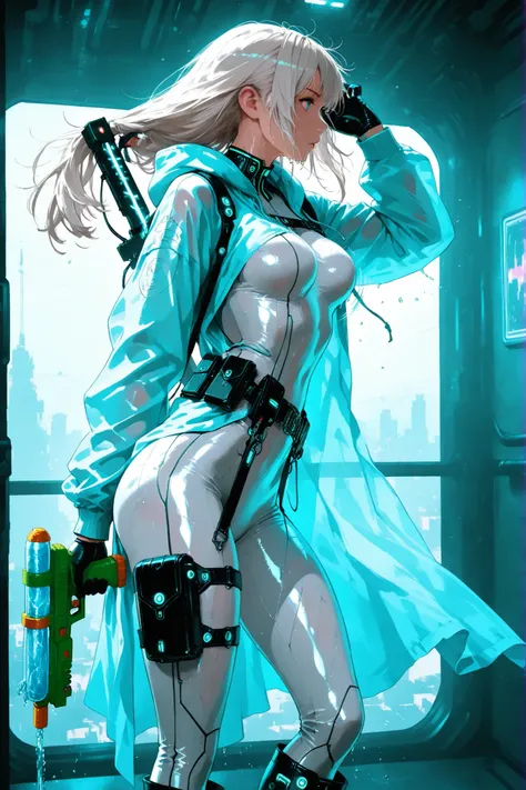 Masterpiece, 8k, cyber punk world, female character, 1girl, high detailed white bodysuit, (wind blows), black glove, boots, slender body, medium breasts, bouncing breasts, transparent long coat with hoodie, long hairstyle, thin blond hair, many items, cine...