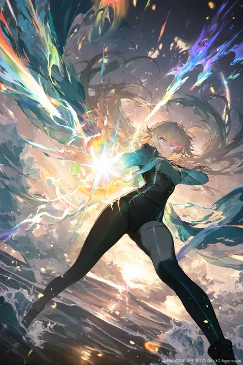 masterpiece, best quality,1 girl ,best quality,heroic pose,dynamic angle,dynamic background,with epic light effect, high angle shot,like CCTV footage,burst of effects radiating from the center, outward flow of magic or particles, dynamic spread from core, ...
