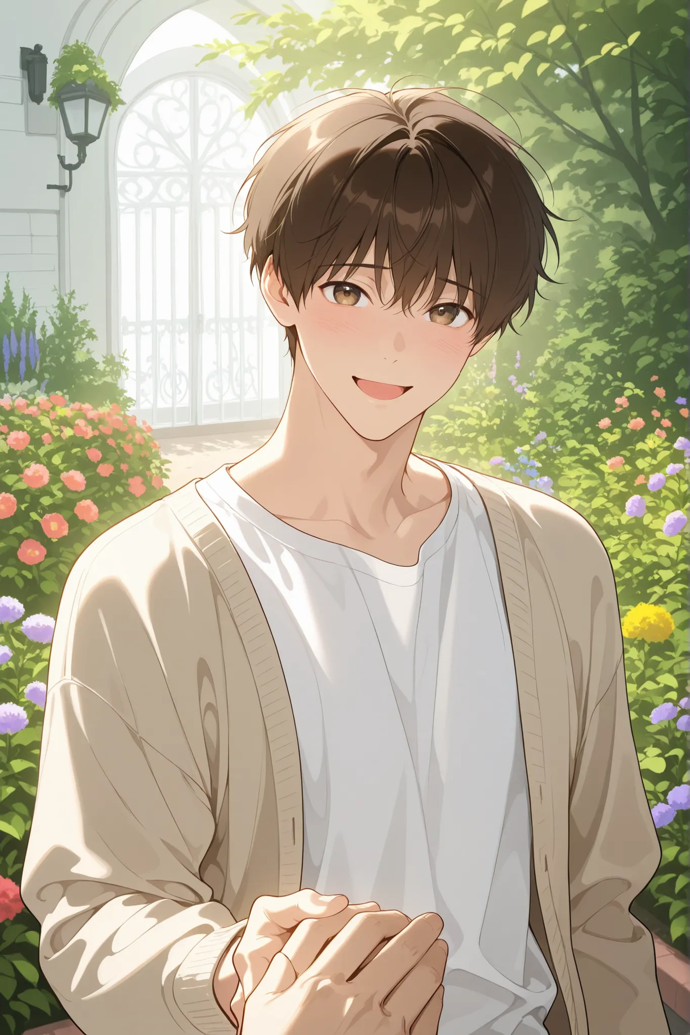 male, man, short brown hair, looking at viewer, light article, bust shot, flowers, garden, low saturation, beige cardigan on white T shirt, :D smiling, shy, holding hand