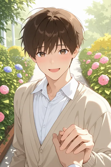 male, man, short brown hair, looking at viewer, light article, bust shot, flowers, garden, low saturation, beige cardigan on white shirt, :D smiling, shy, holding hand