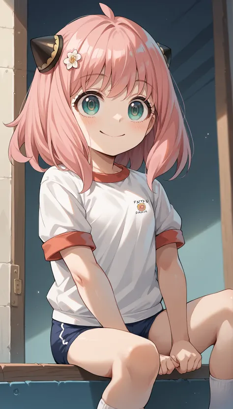 score_9, score_8_up, score_7_up, score_6_up, score_5_up, score_4_up,(anime coloring, anime screen capture), Anya_(spy_X_Family),solo,pink hair with long n sleeves,hair ornament,(white gym shirt, short sleeve with a tight fit,Gym Clothes,dark blue bloomers)...