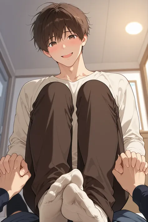 male, man, short brown(warm ashy brown) hair, looking at viewer, bust shot, shirt(overfeet), :D smiling, shy, holding hand