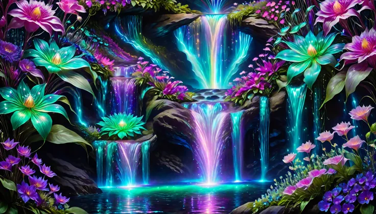 Shiny purple |Shiny pink|Shiny Turquoise Green|Shiny Cobalt Blue|Shiny Purple|blue waterfall amongst strange magic flowers, At night, glowing fairy lights , magic, High quality fairyland waterfall, Realistic Water, ripple, 8k,insanely detailed,so many flow...