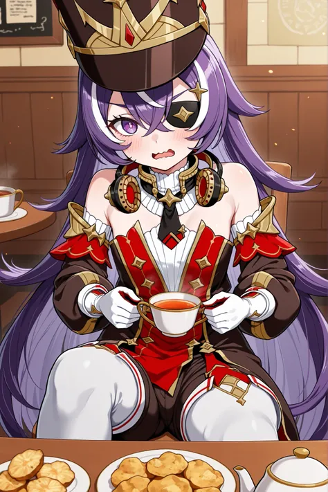 masterpiece, top quality, solo, Curvy,, zzChevreuse, PURPLE EYES, hair between the eyes, Long Hair, multicolored hair, purple hair, striped hair, white hair, has, earmuffs, eye patch, bare shoulders, Gold trim, 黒 butt under pants, butt under pants, Puff Sl...
