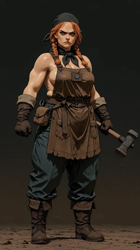 A character reference concept art in a realistic style  in a frontale view full body shot standing in A-pose with simple dark background. The character is a female dwarf Blacksmith, short stature, 150 cm, short stack, thick plump and curvy body shape yet m...
