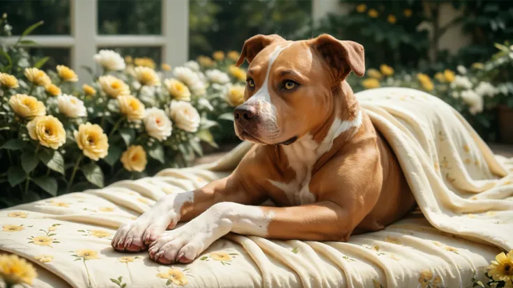 dog laying on a yellow blanket. Set against an Victorian backdrop that is covered in flowers. pitbull, apbt, beautiful eyes, golden eyes, paws, red brown fur